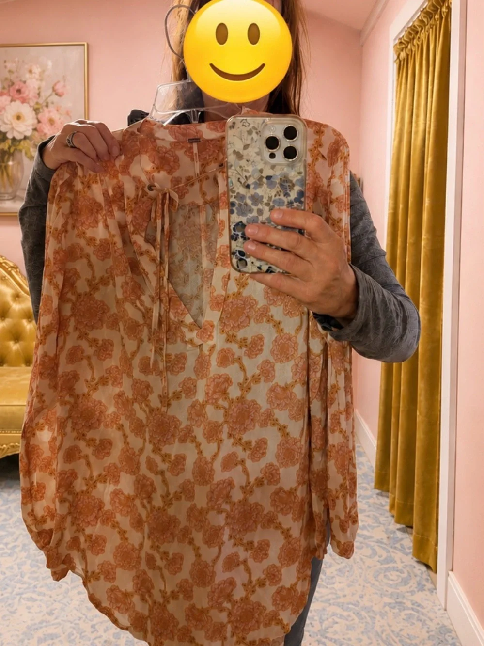 Free People Cream Blouse with Rust Floral Pattern